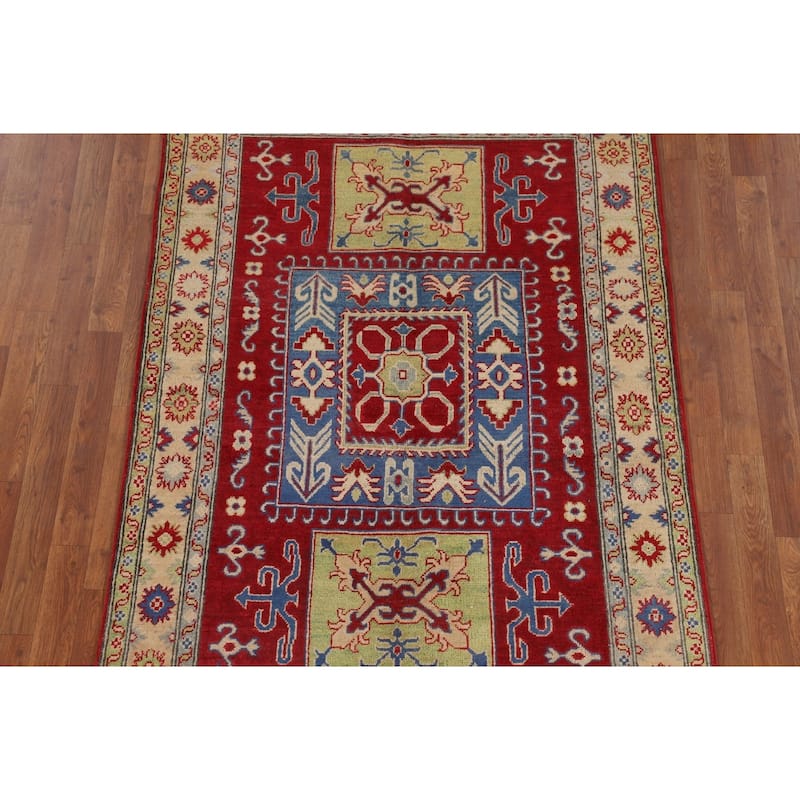 Traditional Kazak Oriental Area Rug Handmade Geometric Red Wool Carpet - 4'3" x 6'4"