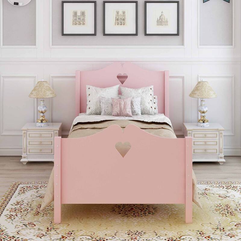 Pink Wood Twin Platform Bed with Headboard, Footboard, and Slat Support - Minimalist Design, Sturdy Pine Frame, 10 Slats