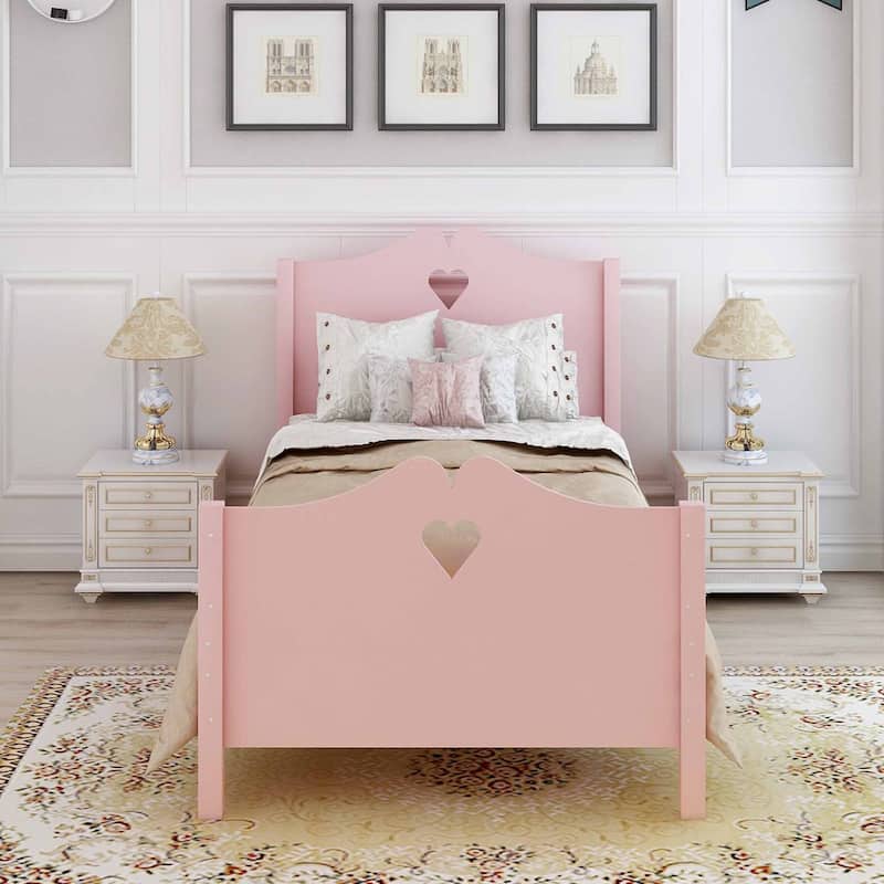 Twin Size Platform Bed with Heart-shaped Decoration Headboard and Footboard, Slat Bed Frame with Wood Slat Support - Pink - Twin