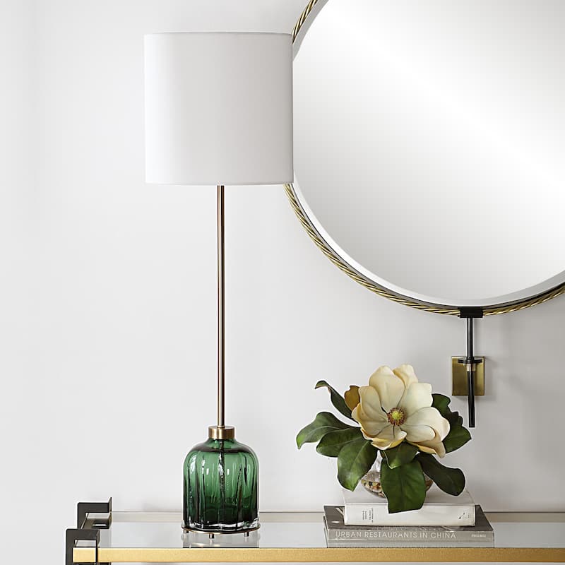 Fluted Emerald Glass Base Buffet Lamp with Drum Shade - 37 - Green