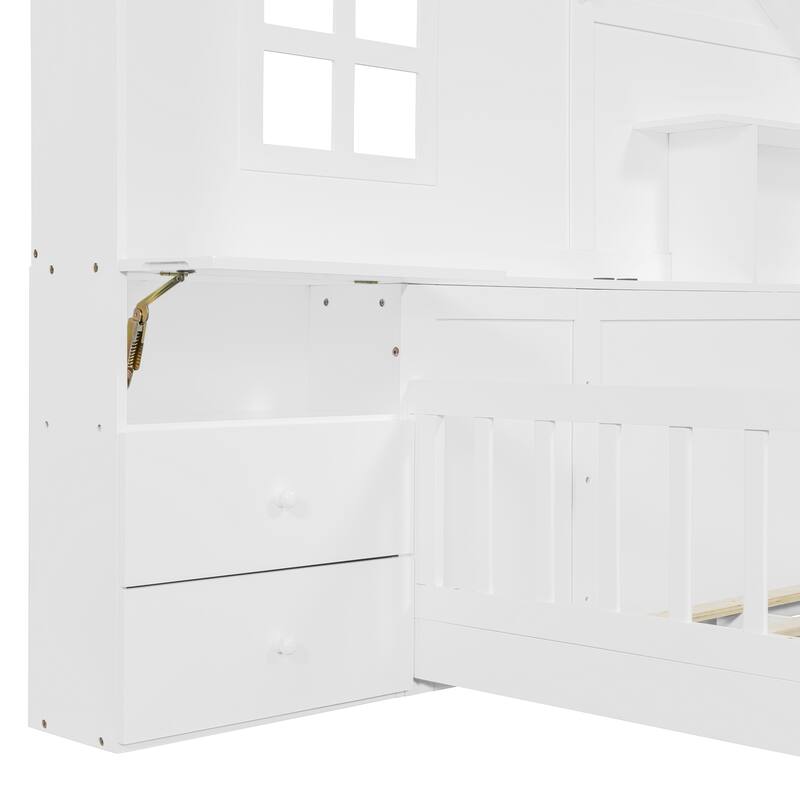 Full Size House Bed with Window, Bedside Storage Drawers, USB Ports & Shelves, Stylish & Functional Platform Bed