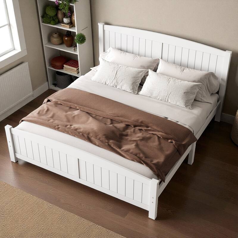 Solid Wood Platform Bed Frame with Support Slats, Strong Structure, No Box Spring Needed Modern Bedroom Furniture - Light White - King