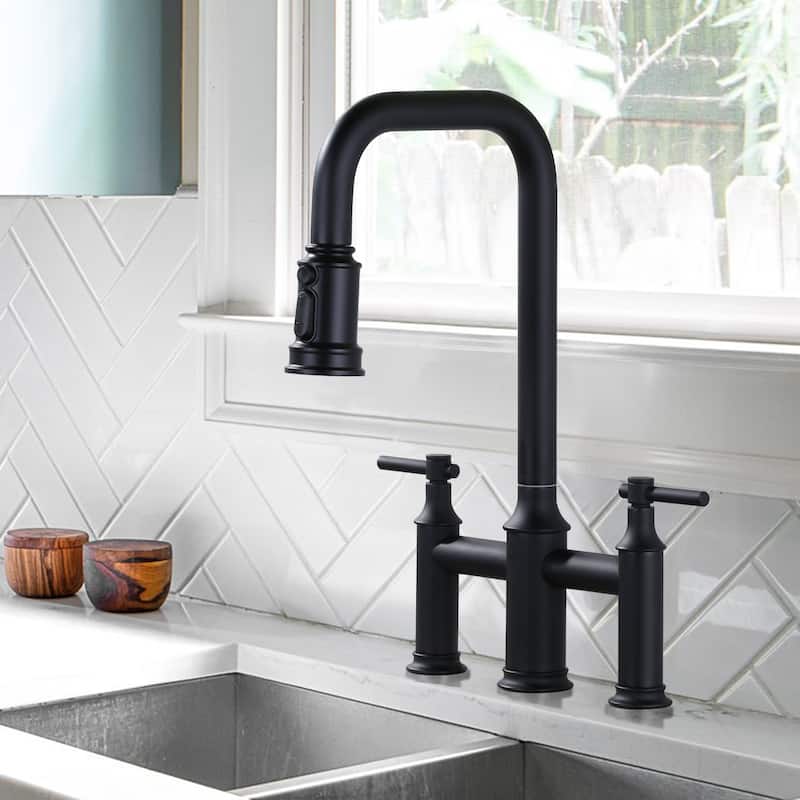 WOWOW Double Handle Bridge Kitchen Faucet with Advanced Spray