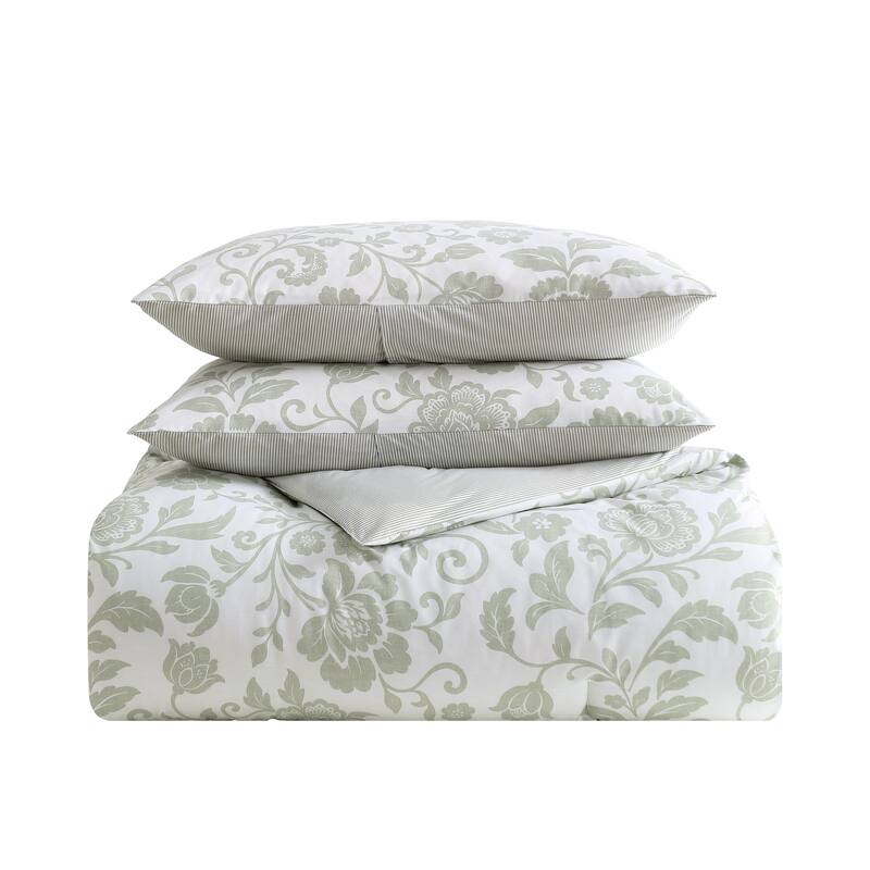 Nautica Jacob Bay Floral Reversible Stripe Cotton Lightweight Coastal Comforter (Green)