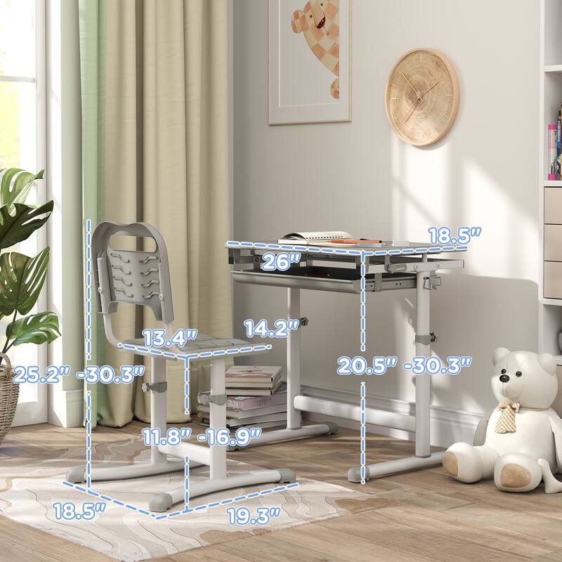 Adjustable Kids Desk and Chair Set Gray MDF Steel with Tilt Desktop and Drawer for Children Ages 6-12