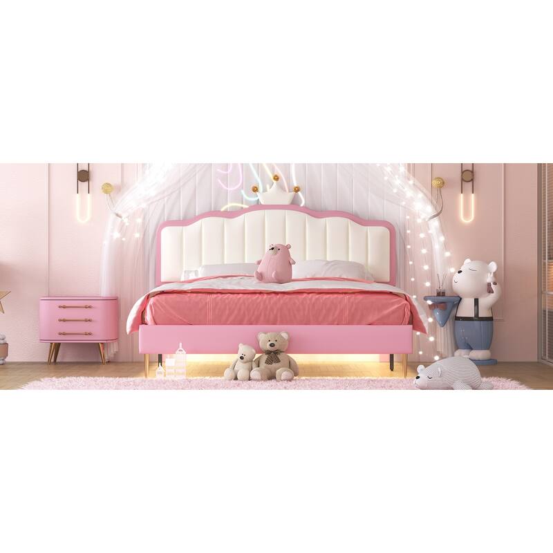 Twin and Full Size Upholstered Princess Bed Frame with Crown Headboard, Golden Metal Legs, and Light Strip for Kids Bedrooms