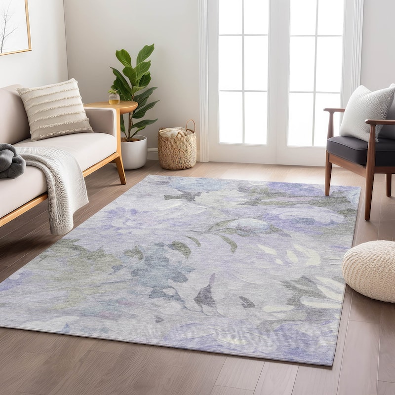 Machine Washable Indoor/ Outdoor Watercolor Floral Chantille Rug