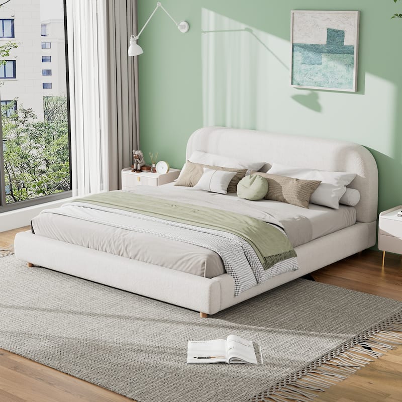 Low Profile Bed Wood Platform Bed Boucle Fabric Upholstered Bed with Curve-Shaped Design Headboard, No Box Spring Needed