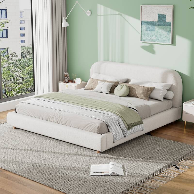 Upholstered Platform Bed Frame Thick Curve-shaped Low Profile Wingback Bed Built-in Metal Frame with Wooden Slats Support - White - King