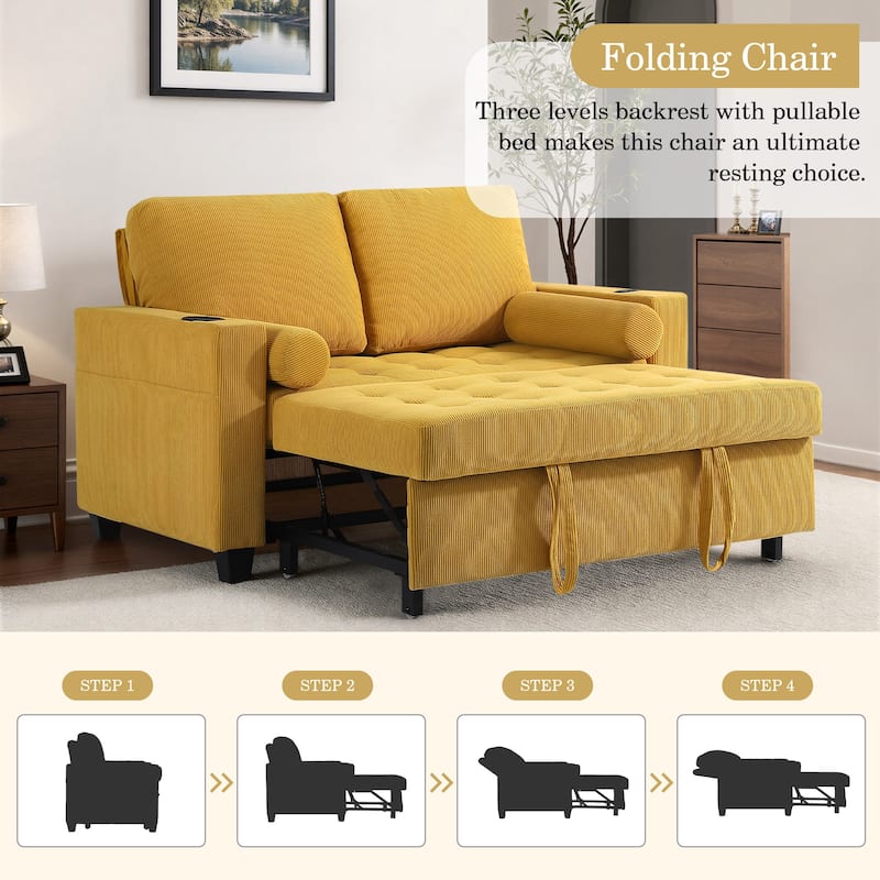 3-in-1 Corduroy Sleeper Sofa Pull-Out Bed Convertible Adjustable Loveseat with USB Port