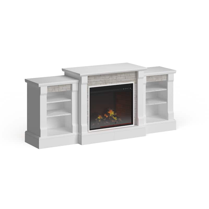 SEI Furniture Remote Controlled LED Electric Fireplace with Mantel in White Stone and Storage