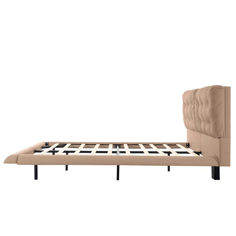Queen Size LED Upholstered Platform Bed with Button-Tufted Headboard, Easy Assembly, No Box Spring Needed, Khaki