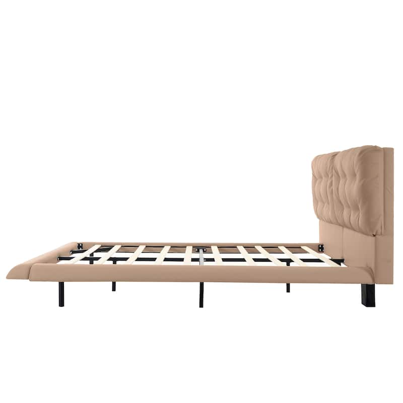 Queen Size Upholstered Floating Bed Frame with LED Lights, PU Leather Platform Bed with Button-tufted Headboard