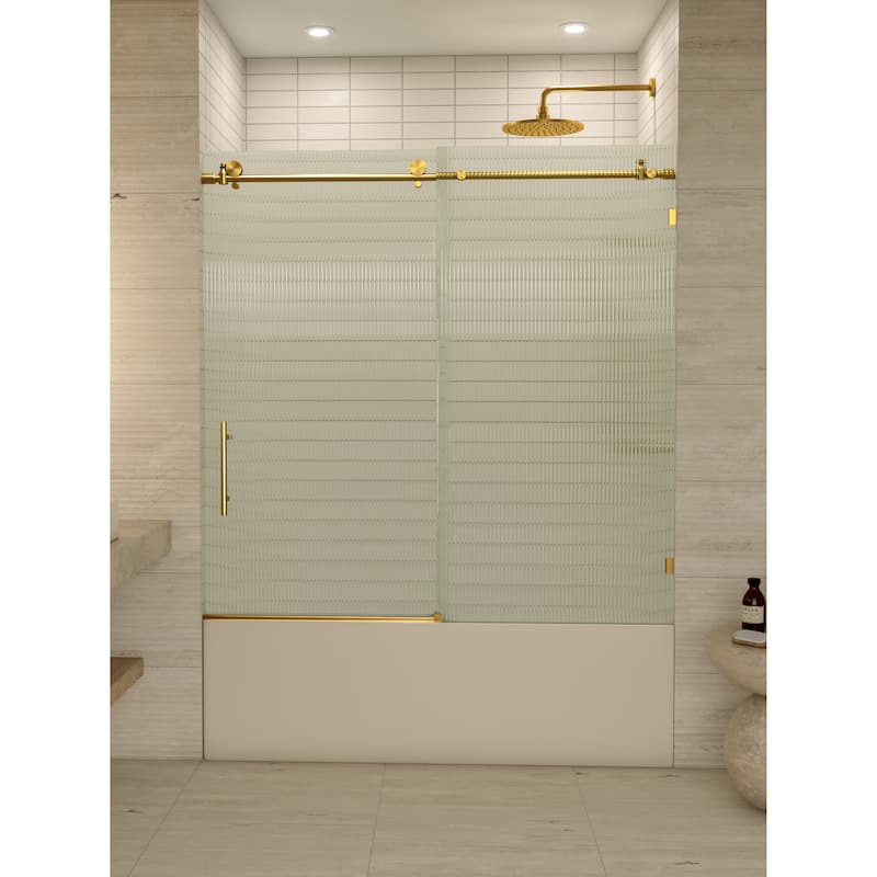 Galaxy 60 in. x 60 in. Fully Frameless Fluted Glass Sliding Bathtub Doors - Lefthand