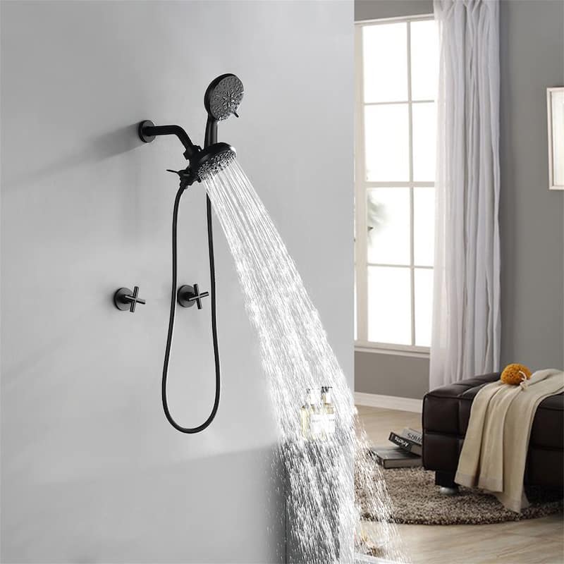 Wall Mount Shower Faucet with Hand Shower Brass 7-Setting Spray Dual Head Wall Mounted Shower System with Valve