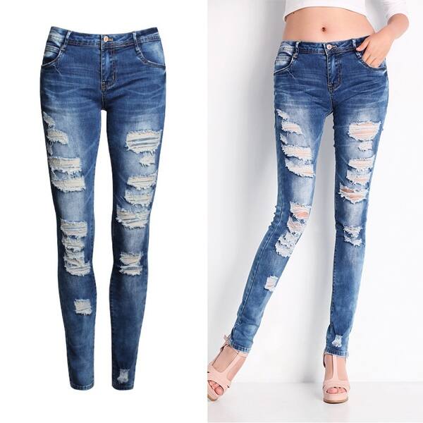 Shop Ladies Hot Ripped Jeans Casual Elastic Denim Slim Pencil Long