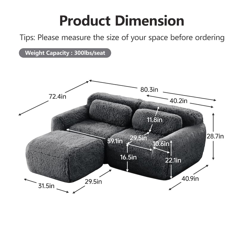 80" Boneless Couch L-Shaped Sofa for Living Room, Cloud Couch with Ottoman, Sectional Deep Seat Couches with Throw Pillows