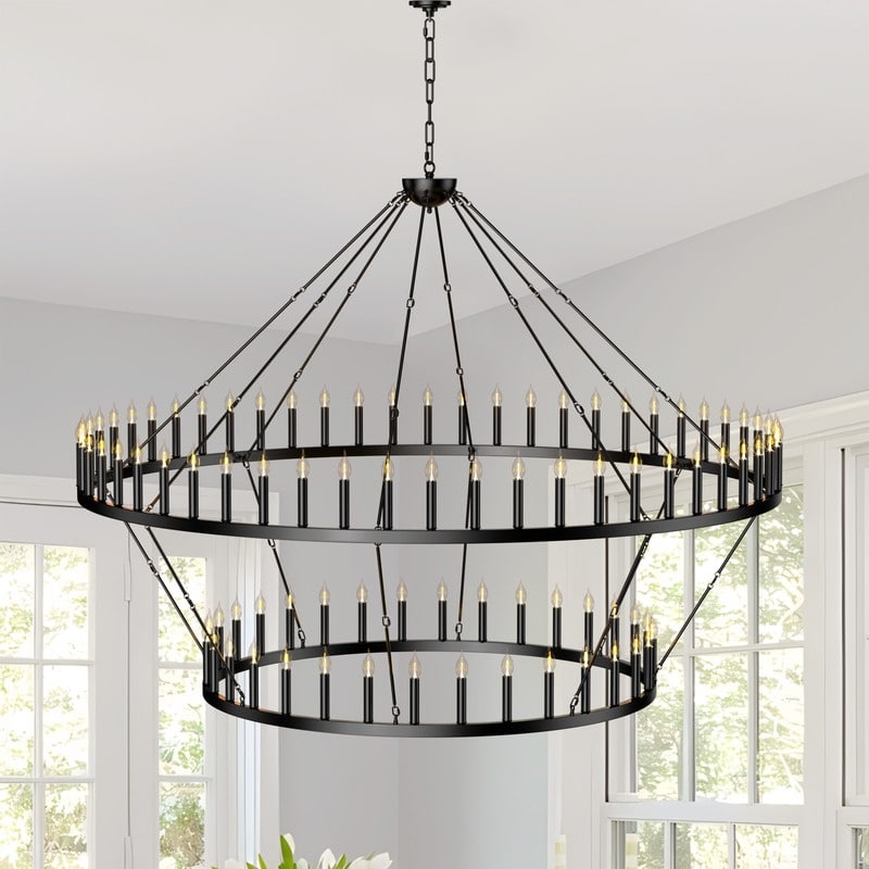 Extra Large Black Wagon Wheel Chandelier - Adjustable Farmhouse Lighting for High Ceilings