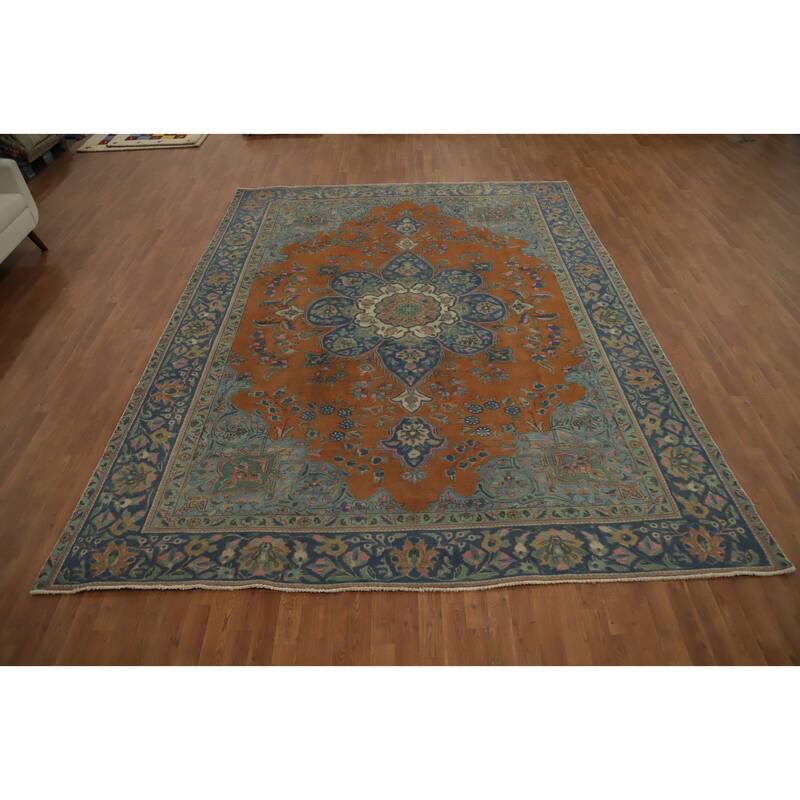 Hand Knotted Oriental 100% Wool Carpet Traditional Floral Oranges & Rust Tabriz Area Rug - 12' 1'' X 9' 1''
