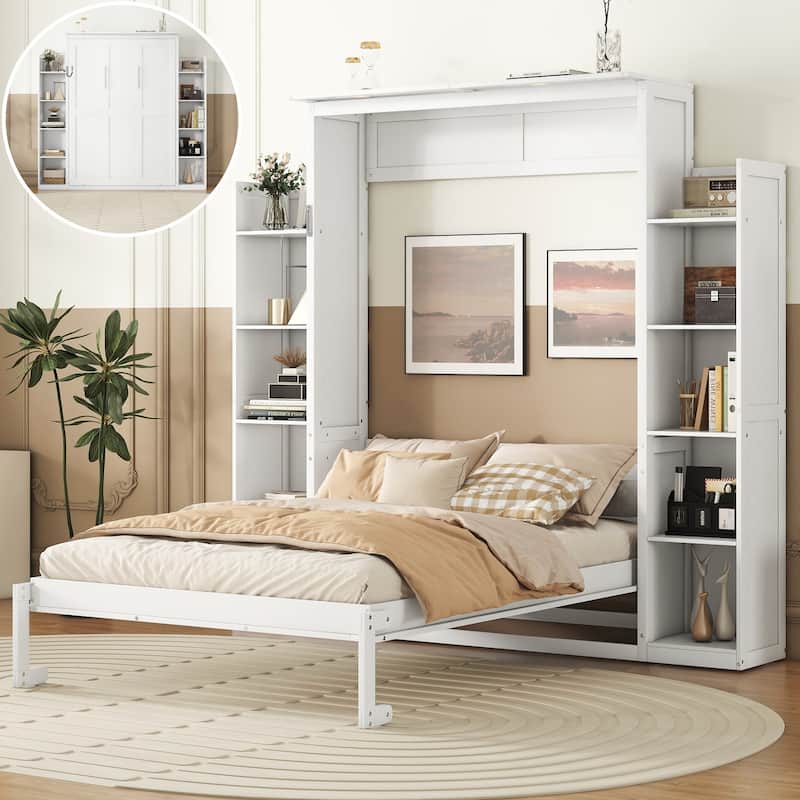 Space-Saving Wall Bed with Shelves, LED Lights, and Mattress Holder, White - White