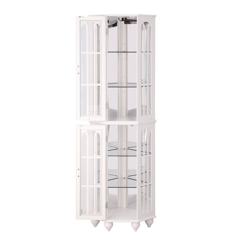 Lighted Corner Curio Cabinet, Wooden Accent Storage Cabinet, Display Cabinet with Tempered Glass Shelves & Mirrored Back