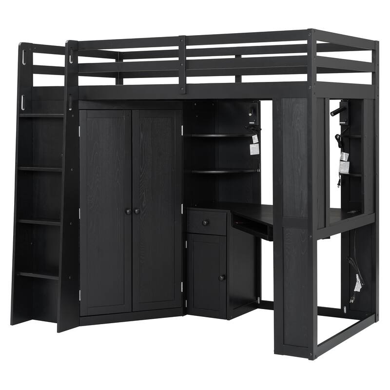 Twin Loft Bed with Integrated Wardrobe Desk Keyboard Tray Charging Station