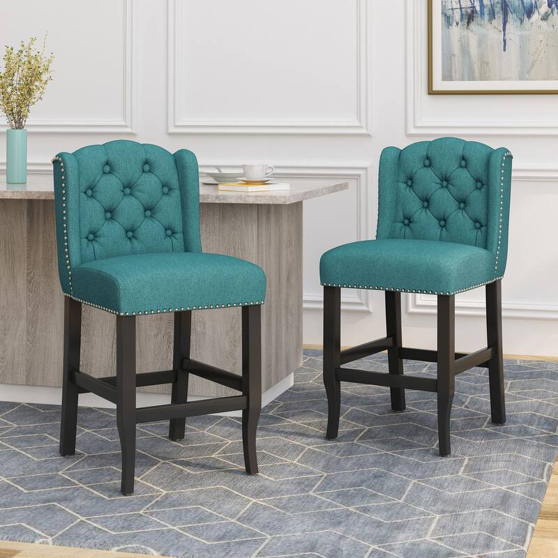 31 Inch Fabric Tufted Wingback Counter Stools, Set of 2 - Teal-27 Inch