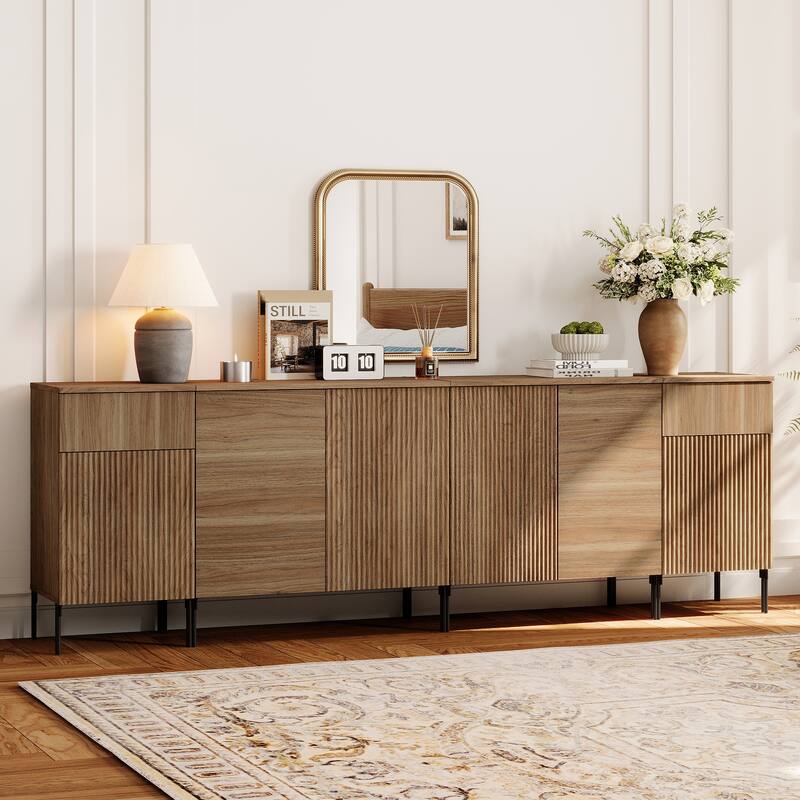 94.5" Modern Wood Reeded Dresser With Doors, Minimalist Dresser Organizer Storage With Charging Station