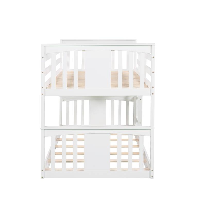 Twin Over Twin Bunk Bed with Ladder, Solid Wood Low Bunkbed Frame