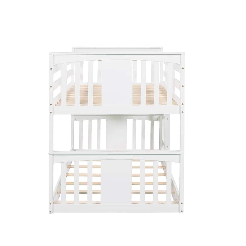 Twin Over Twin Wood Bunk Bed with Ladder, Solid Wood Bedroom Bedframe, Low Bunkbeds for Kids Teens Girls Boys, Noise-Free