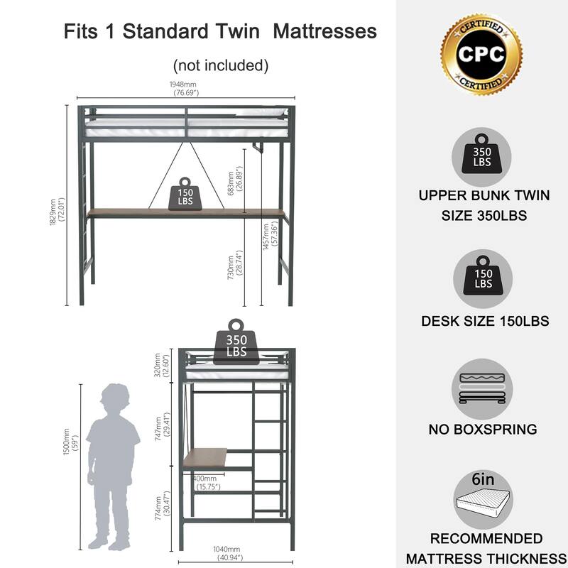 Twin Size Metal Loft Bed with Integrated Desk and Closet Rod, Space-Saving Frame with Guardrails and Ladder