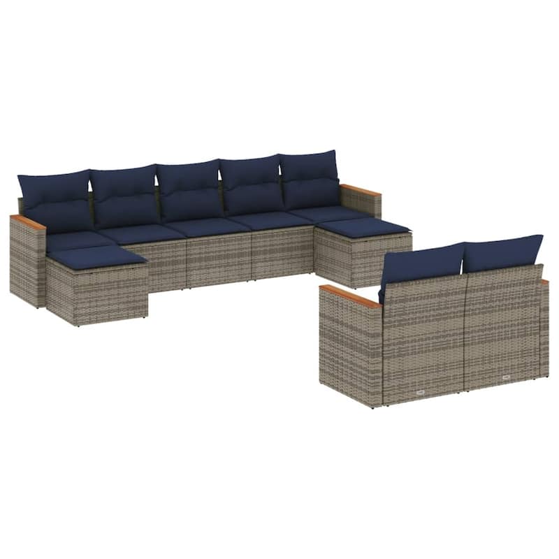 vidaXL 9/10 Piece Patio Sofa Set with Cushions Black/Gray Poly Rattan - 21.7 x 24.4 x 27.2