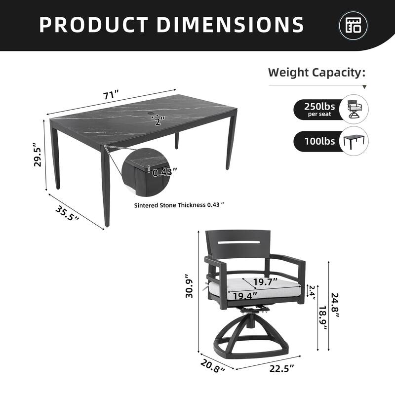 7-Piece Outdoor Patio Aluminum Dining Set with Marble-pattern Tabletop, 6 Swivel Rocker Chairs, and Umbrella Hole