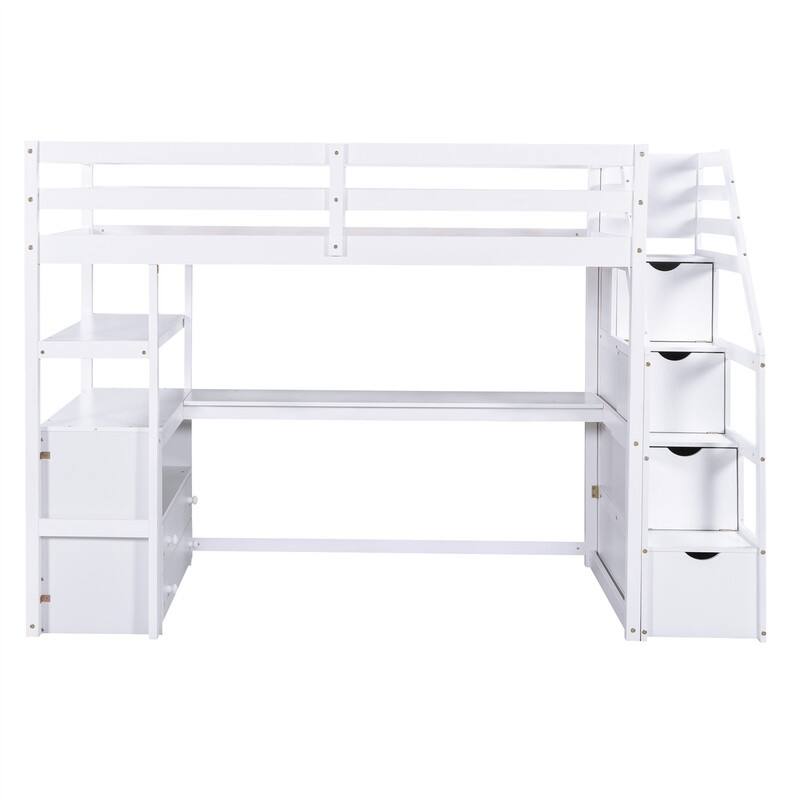 Twin/Full Size Stairway Loft Bed with Built-in Desk with Two Drawers, Solid Wood Bed Frame with Storage Shelves for Kids Teens