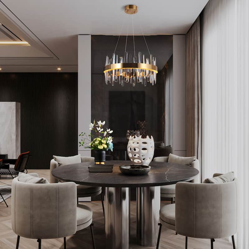 Modern 1-Light LED Crystal Chandelier Gold Drum Lighting for Living Room - D23.6" x H12"