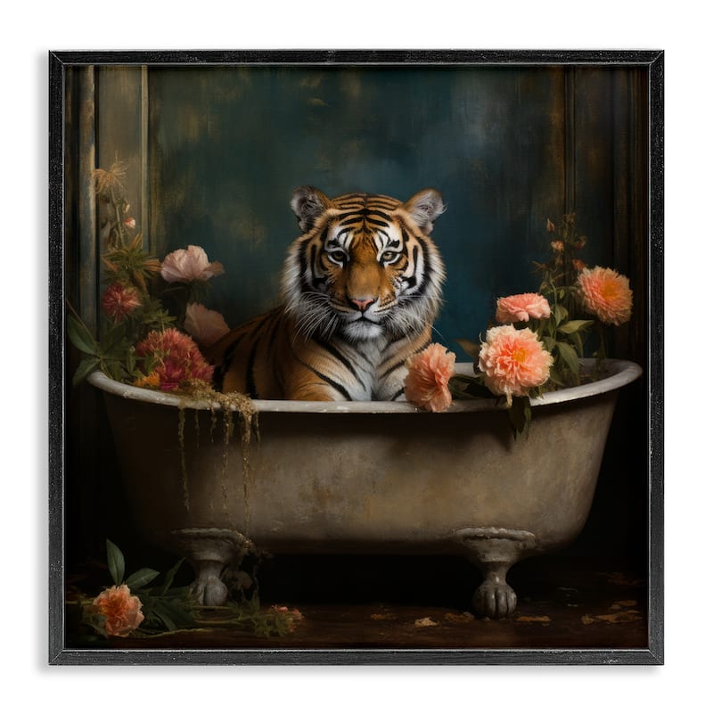Stupell Tiger in Floral Bathtub Framed Giclee Art Design by Lazar Studio - 24 x 24 - Black