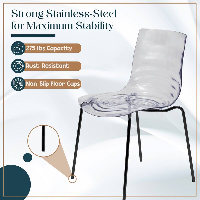 Astor Modern Minimalist Transparent Dining Chair with Black Metal Legs and Ripple Design Accent Side Chair for Indoor & Outdoor