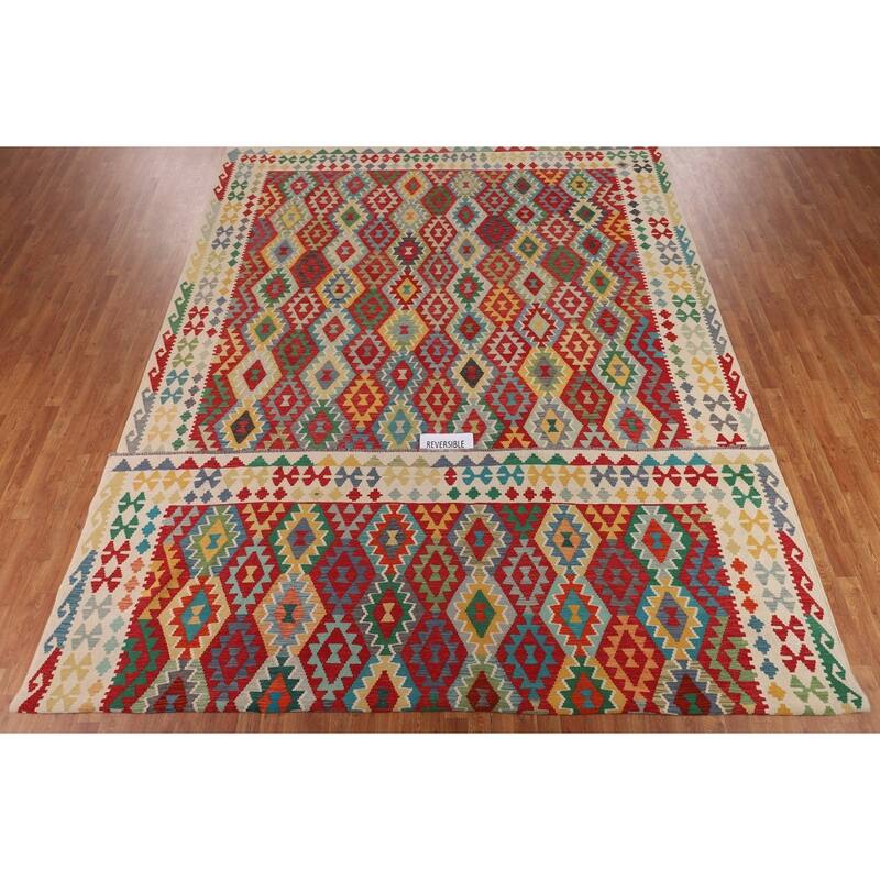 Geometric Multicolor Kilim Oriental Large Rug Flatweave Wool Carpet - 10'1"x 16'4"
