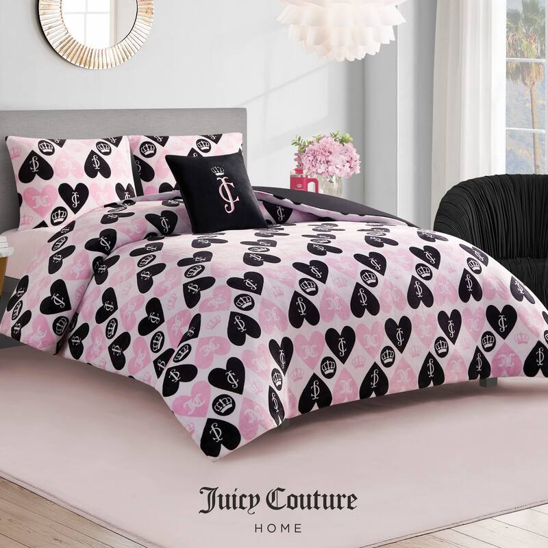 Juicy Couture Plush Queen Heart Logo Reversible Comforter Sets