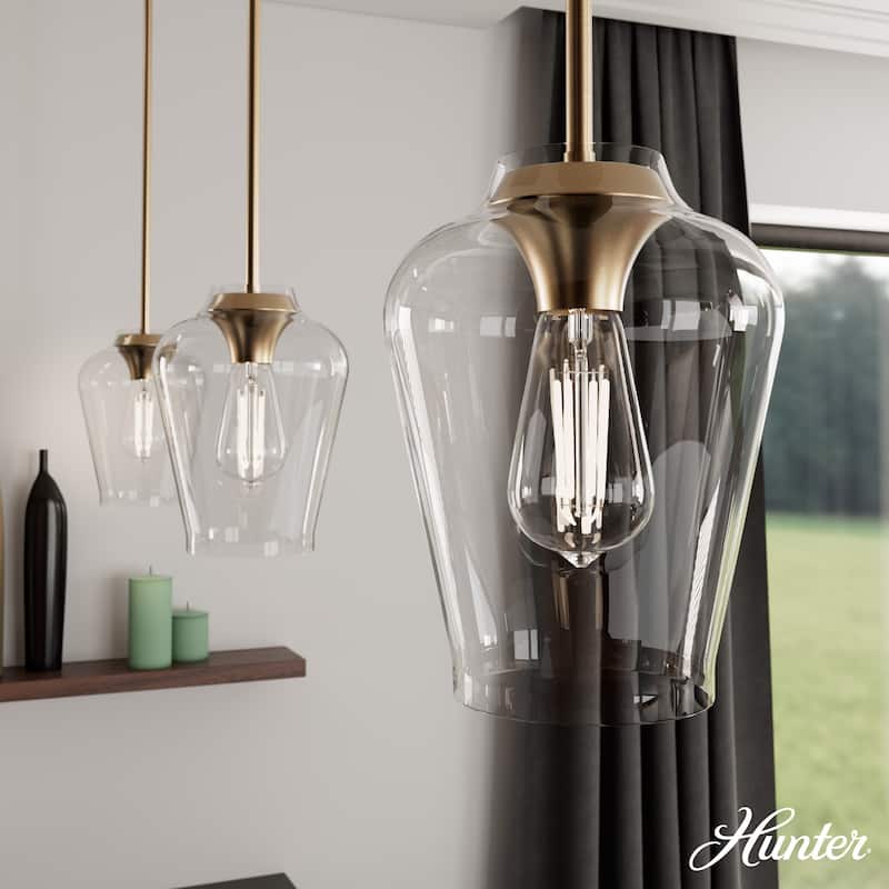 Hunter Vidria 1-Light Mini Pendant - Kitchen Island, Dining Room, Bedroom - Contemporary, Transitional - Alturas Gold - Clear Glass