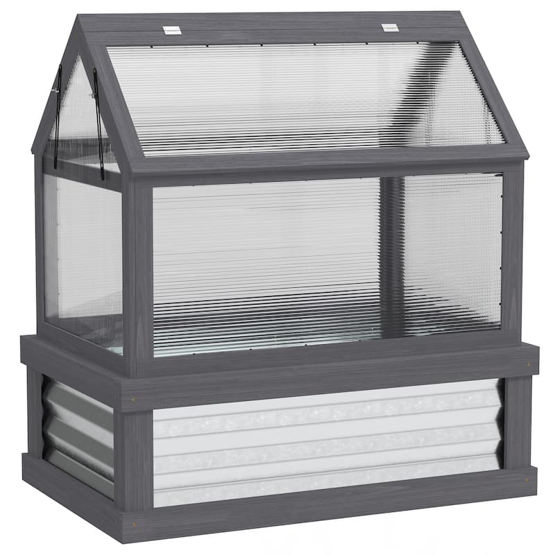 Outsunny Raised Garden Bed with Polycarbonate Greenhouse, Garden Wooden Cold Frame Greenhouse
