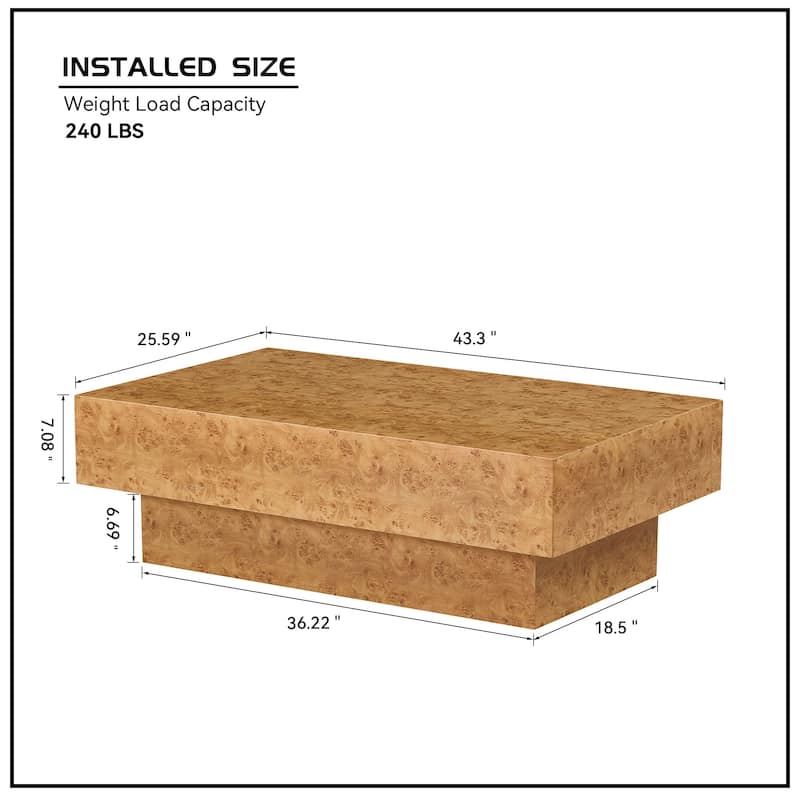 43.31" Faux Burl Wood Coffee Table, Rectangular Mid-Century Modern Accent Table with MDF Pedestal Base