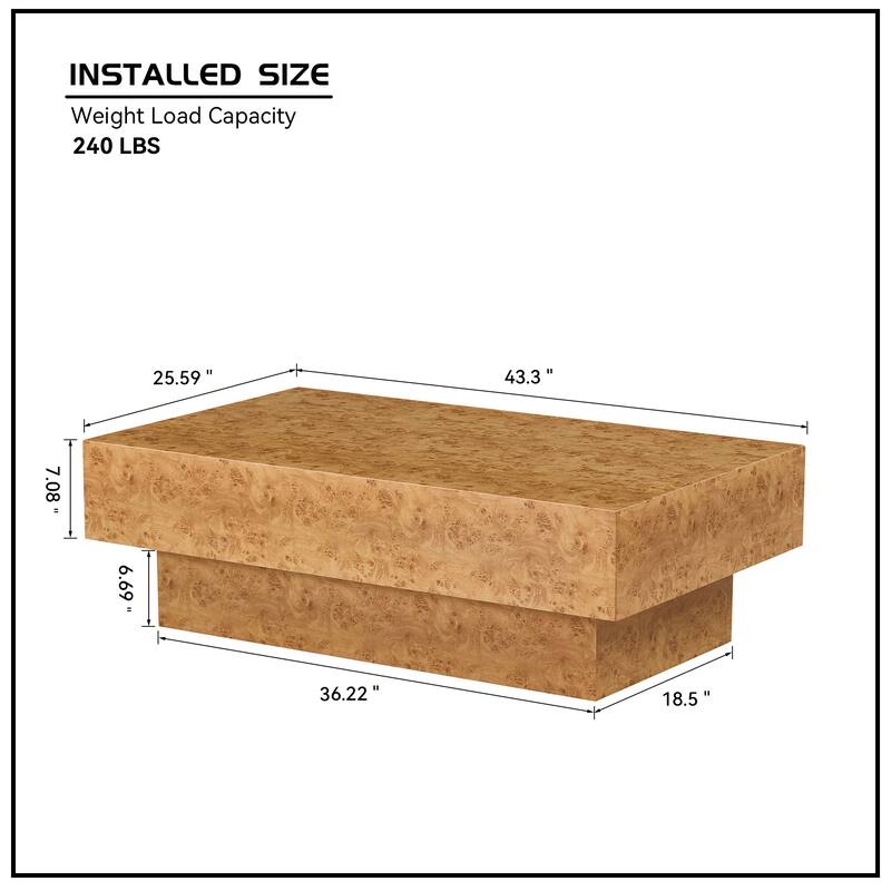 43.31 Inch Burl Wood Pattern Coffee Table,Rectangle Mid-Century Modern Table for Living Room