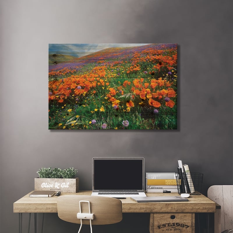 California Poppy And Other Wildflowers Growing On Hillside, Spring, Antelope Valley, California Print On Wood by Tim Fitzharris