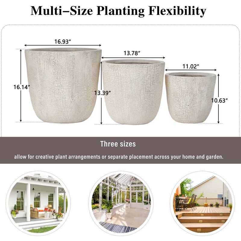 Roomfitters Lightweight MGO Planter Set of 3, Round Weather Resistant Outdoor Indoor Flower Pots for Garden Patio