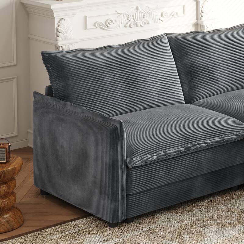 4-Seater Couch with 2 Ottomans, Corduroy Upholstered Cloud Sectional Deep Seat Sleeper Sofa U-Shaped Modular Couch