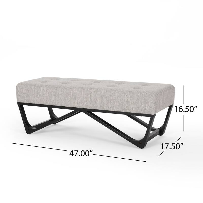 Liba Ottoman Bench, Button Tufted Beige Fabric, Black Frame, 47 Inch