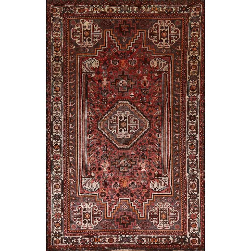Tribal Pink Qashqai Persian Vintage Area Rug Handmade Wool Carpet - 5'4"x 8'6"
