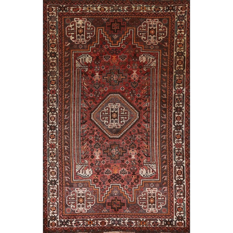 Tribal Pink Qashqai Persian Vintage Area Rug Handmade Wool Carpet - 5'4"x 8'6"