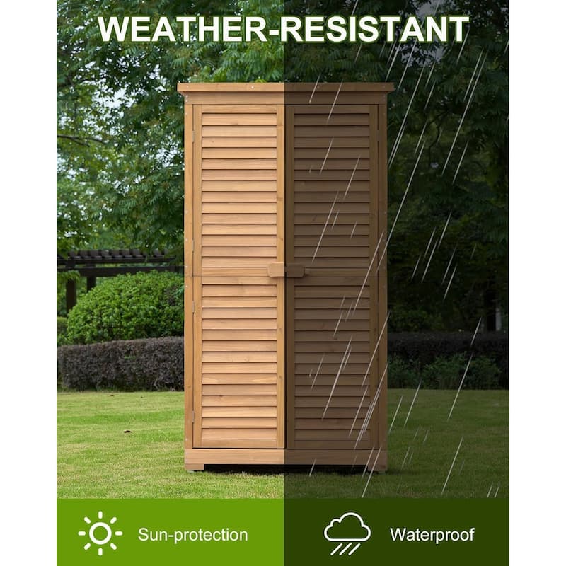 Outdoor Wooden Storage Cabinet with Waterproof Roof Shelves, Louvered Double Doors